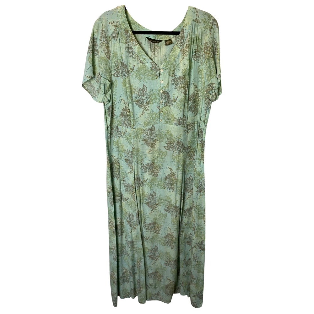 Eddie Bauer Floral Midi Dress Women XL Tall Green Blue Rayon Cottagecore Prairie
